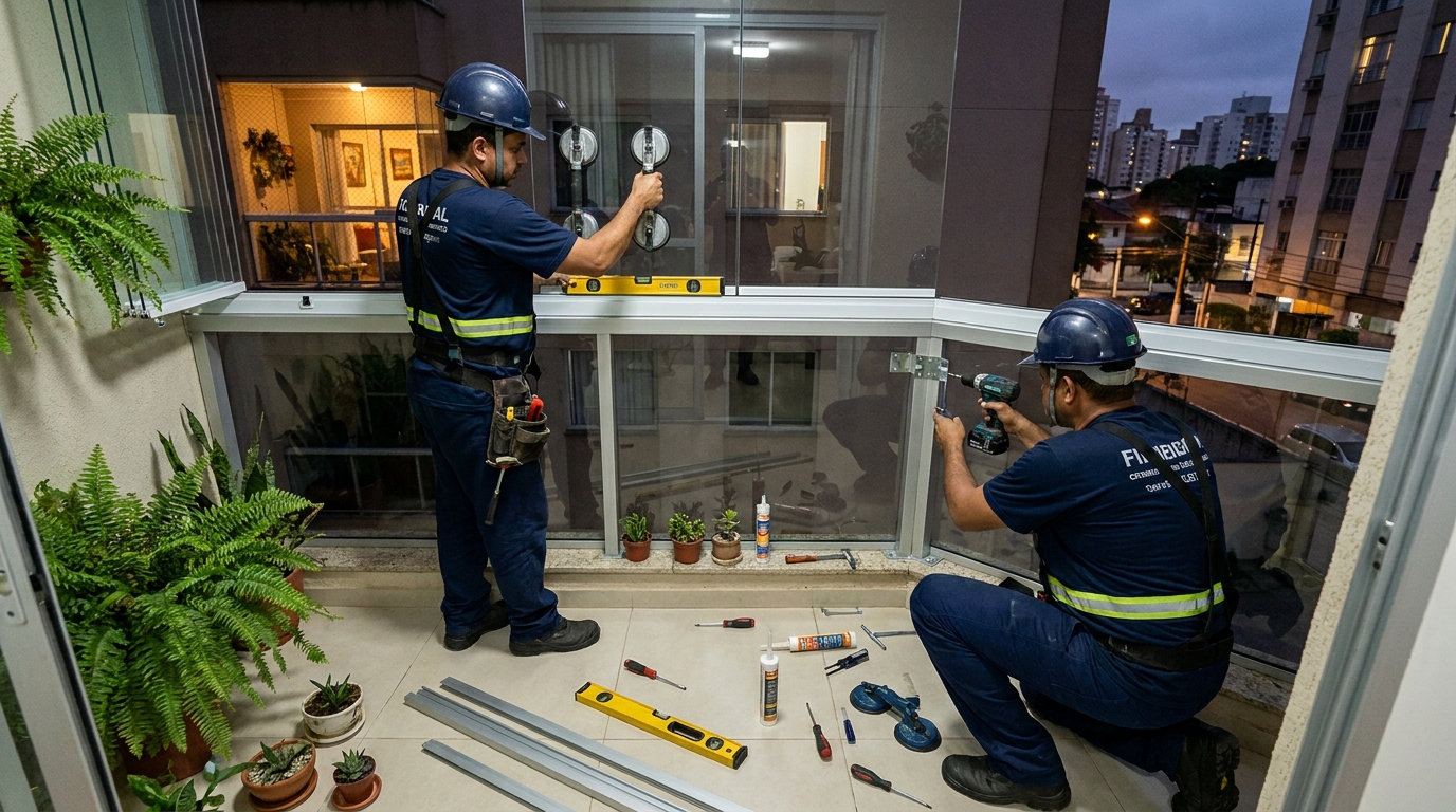 Instalação noturna de parede de vidro em Bauru-SP