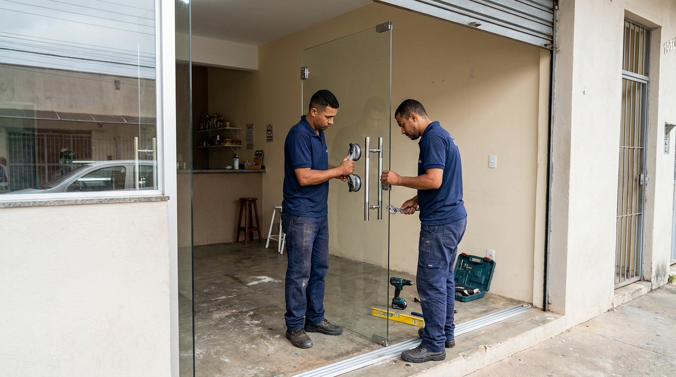 Dupla instalando porta de vidro em loja em Bauru-SP