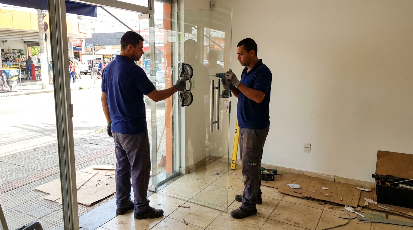 Porta de vidro de loja em rua movimentada em Bauru-SP