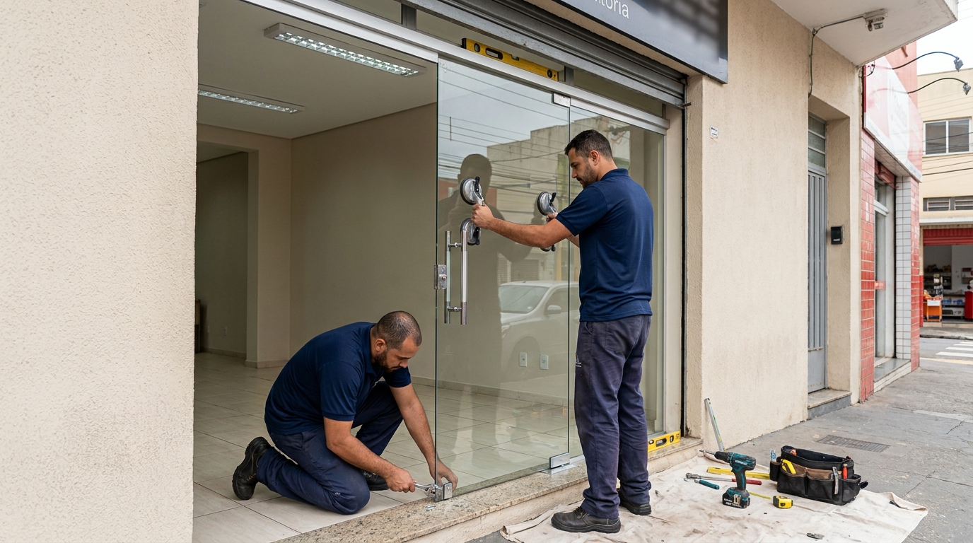 Porta de vidro com puxador inox em Bauru-SP